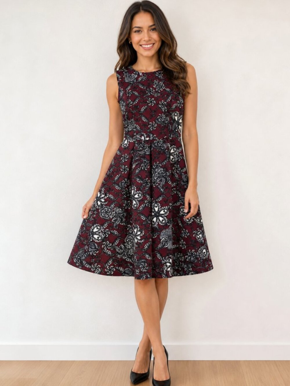 Closet London Dress Burgundy Black White Floral Sleeveless Size 4